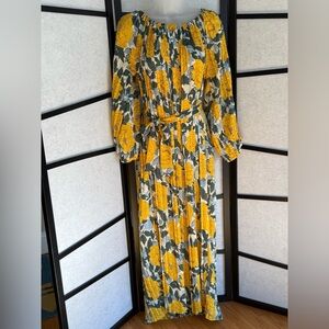 Beulah Style Accordion Pleated peasant style maxi dress.  Yellow & Green floral